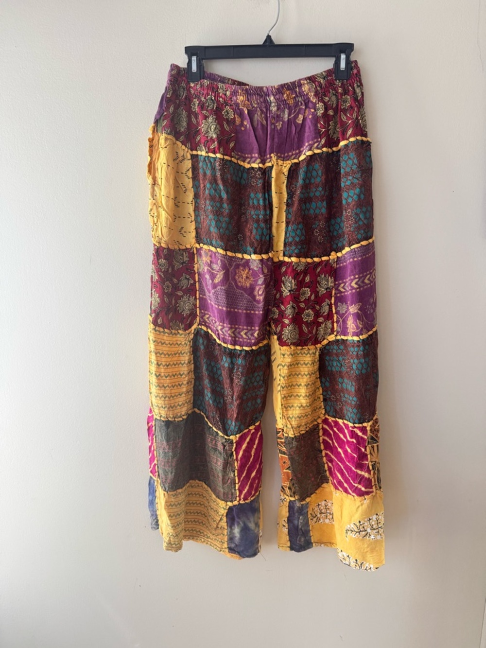 100% Cotton Boho Patchwork Wide-Leg Pants in Yellow & Purple - Picture 2 of 2